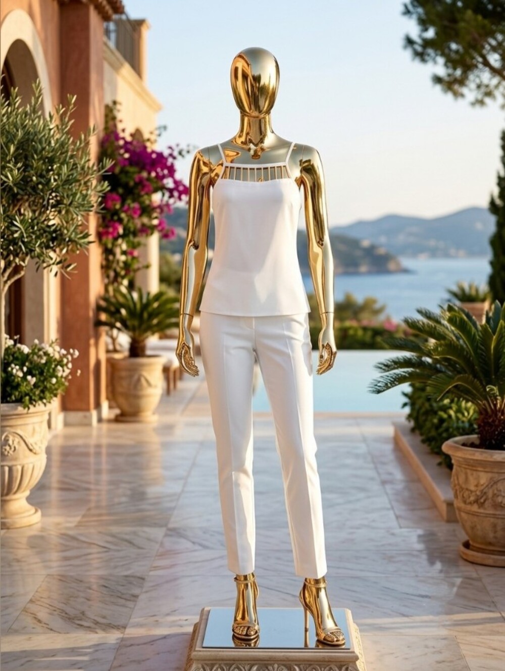 Satin Silk Strappy Tank Top with Gold Accent